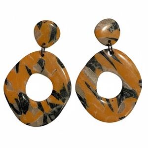 Orange Black Glitter Polymer Clay Earrings Abstract Organic Hoop Drop EUC